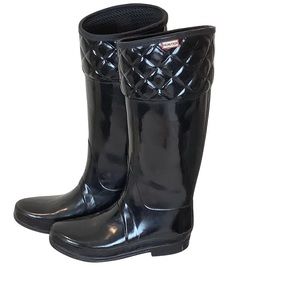 Hunter Tall Rain Boots Gloss Patent Black Quilted Top Women’s 7